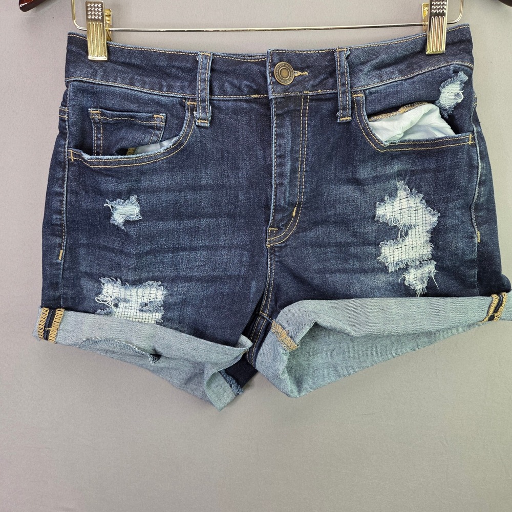 SO Denim Shorts High Rise Curvy Midi 9/29W Dark Wash Distressed Cuffed Y2K Jean